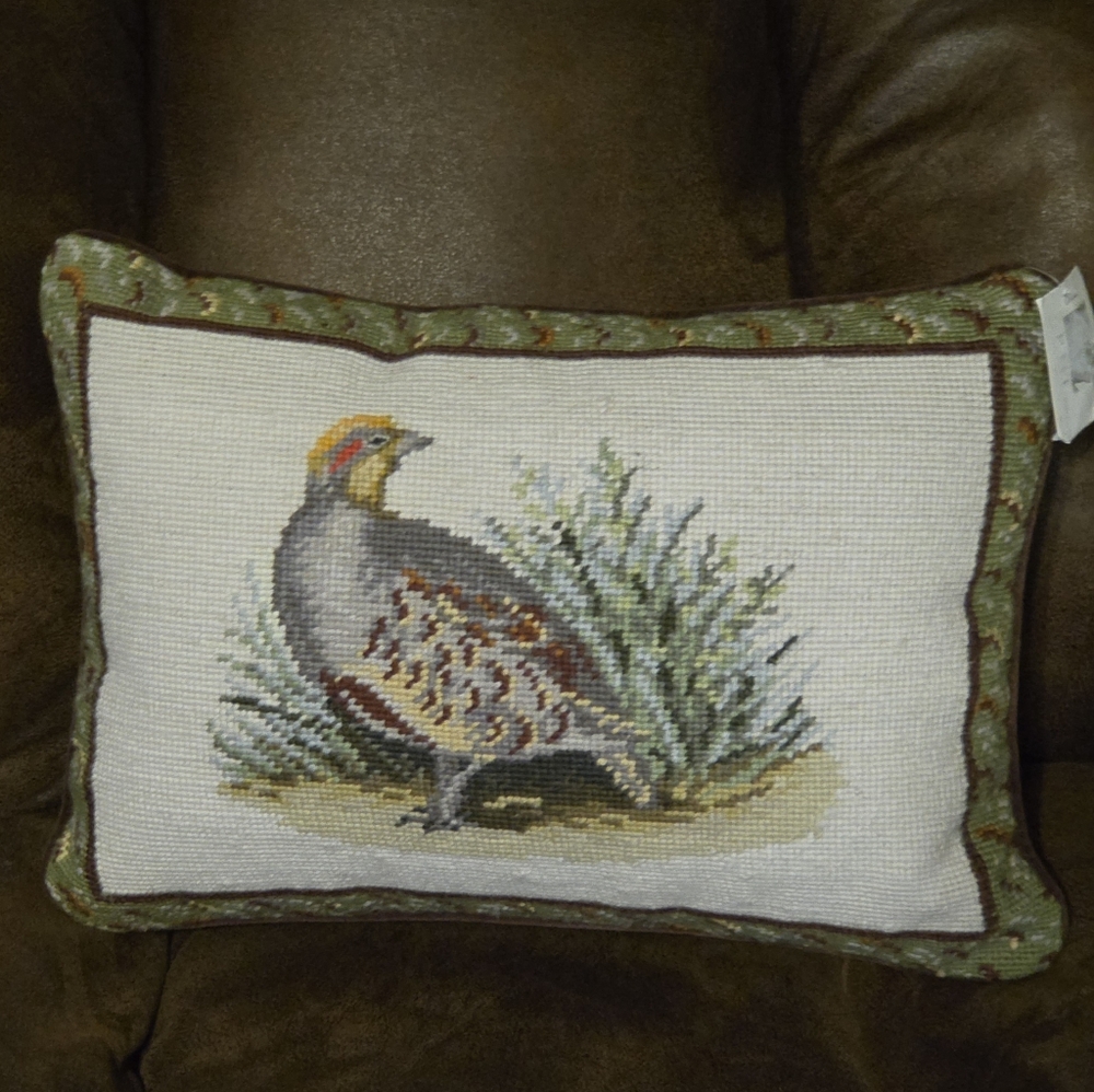 VTG Needlepoint Throw Pillow Winter Partridge Bird Velvet Back Peking Handicraft